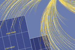 Graphic poster of a sun radiating yellow tones of curved beams of light onto solar panels. The background is a flat grey blue and the solar panels shift to darker shades as they move down the page. Text is superimposed on the solar panels and reads: Solar Power, clean energy, renewable thinking, you can help light up the future. for more information go to th ewebsite www.google.com/get/sunroof. be a part of the climate change solution.