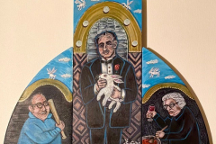 A three panel painting, the panel on the left shows a smiling man holding a baseball bat, the central panel shows Marlon Brando as the Godfather, holding a white rabbit, and the left panel shows an old woman stirring a pot of pasta sauce.