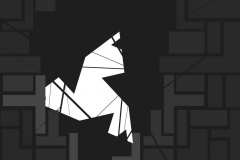 The piece is a greysacle design showing intense contrast between a white triangle and a black background. The triangle is at an odd angle, with various lines and other triangles crossing in front of it. The white triangle is framed by a grid or rectangular shapes in mixed grey shades. The black lines crossing the triangle extend into a grid pattern.