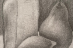 “Drawing of a glass bottle, pear, and lemon sitting on a table. The bottle and pear are in the background, while the lemon is n the foreground between the two.