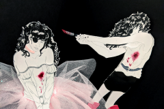 A dimensional illustration. Two paper-doll figures of the same eyepatch-clad, curly-haired young woman are set against a three-dimensional black backdrop. Two street signs create an intersection that frames the figures in the composition. The signs themselves frame the scene with a caption that reads “Then I am only…what I made myself.” The rightmost figure, dressed in a black vinyl skirt and tall pink boots, appears to be stabbing her counterpart on the left. The left figure stares on, seemingly unaware of the wound seeping through her pale pink and white dress. The same wound is present on the stabbing figure, denoting that the two women are the same person. (Detail Image)