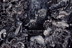 A dark illustration, in the middle of the drawing is a woman hovering in water, hand to her throat, bubbles coming from her mouth. She is completely surrounded by mysterious deep sea creatures.