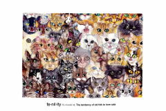 Illustration of an elderly woman in the center of the image, surrounded by 57 cat faces almost the same size as her. The cats range in various colors, white, orange, black, multicolored. The definition for Fenility is at the bottom of the piece.