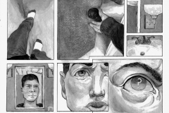 A sequential comic style black and white painting. The first panel we look down at the someones feet walking, the second panel a hand is reaching for a door knob, smaller third and fourth panels reveal details of a bathroom, the fifthe panel we see the person in a mirror, the sixth panel is a closer image of the person, a look of uncertainty on their face, and the final panel is a close up of their eye, and inside the eye is a question mark.