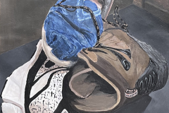 A painting of three different shoes bundled together with string.