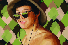 A digitally. painted image of the head and shoulders of a man in sunglasses and a fishing hat. The background is a patchwork of greens and various brown tones.