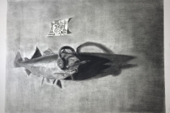 Still life drawing of a fish hanging on a wall wearing headphones and holding a paintbrush in his mouth.