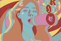 A digital design, created with areas of flat tone, colors of browns, yellows and light blues. The head and shoulders. of a woman with long flowing hair looks at the viewer while she drinks from a pink bottle.
