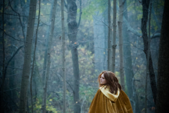 A photograph of a young girl dressed in flowing golden robes is in a forest with many trees around her. Her back is to the camera, and she turns to the camera, allowing us to see her profile.
