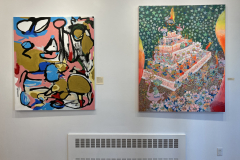 Exhibition installation view of two large colorful paitings.