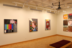 Installation shot of the left wall of the gallery, including three large paintings.