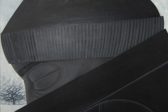Painting of a close up  of a person wearing a grey cap and dark coat.