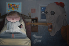 Two panel painting, on the left is a child sitting under a blanket reading a book and the right panel is a person wearing a mask, pointing at the child.