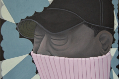 Painting of a close up image of a man wearing a baseball cap and a light oink turtleneck.