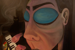 Painting of a woman with her eyes closed and wearing heavy makeup, she is sitting at a piano with her hands on the keys, There is a third hand coming from behind her and rests on the piano keys. A black cat watches from the background.