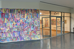 Installation shot of large colorful pieces on the Gallery walls.