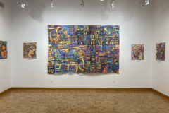 Installation shot of large colorful pieces on the Gallery walls.
