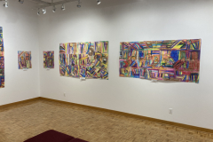 Installation shot of large colorful pieces on the Gallery walls.