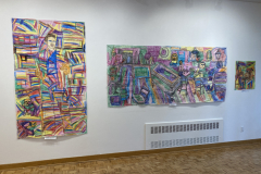 Installation shot of large colorful pieces on the Gallery walls.
