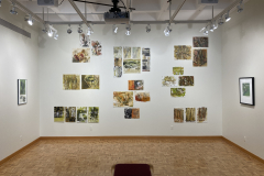 Installation shot of gallery, showing arrangement of various prints on rear wall of gallery.