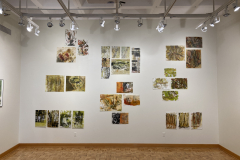 Installation shot of gallery, showing arrangement of various prints on rear wall of gallery.