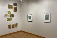 Installation shot of gallery, showing rear right corner, on the left are prints hung in groupings, on the right are two framed prints hung evenly on the wall.
