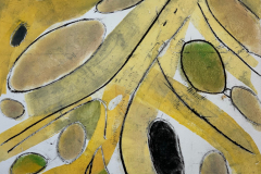 Abstract image of a plant leaf, created with colors of yellows, golds, browns and subtle greens.