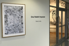Installation shot of David Jung Exhibition. This image shows one large painting and one small paintings.