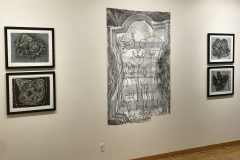 Installation shot of David Jung Exhibition. This image shows one large painting and four small paintings.