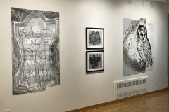 Installation shot of David Jung Exhibition. This image shows two large painting and two small paintings.