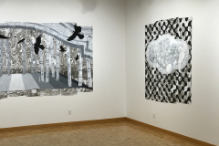 Installation shot of David Jung Exhibition. This image shows two large paintings.