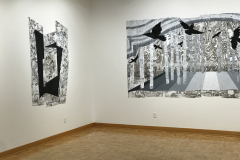 Installation shot of David Jung Exhibition. This image shows two large paintings.