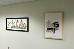 Detail image of artwork hanging in building 12 second floor. This area is known as Farrell Way. Artwork shown by Cat Smith, and Judd Williams.