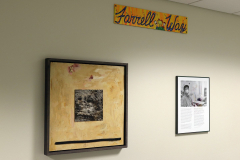 Detail image of artwork hanging in building 12 second floor. This area is known as Farrell Way. Artwork shown by Kathy Farrell, Franzie Weldgen, and Jim Downer.