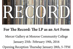 Poster design for the exhibition For The Record. Text at top set against the spines of vinyl albums, below this are the dates and information.
