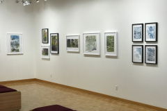 Photograph of Ira Epsteins work installed in the gallery. This image shows part of the galleries the right wall, and 11 framed pieces are hung down the wall. All the works are modified book pages and contain colorful ink on them.