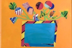 An abstract Mixed Media piece that could be interpreted as a grouping of flowers in a boxy planter.
