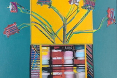 An abstract Mixed Media piece that could be interpreted as a grouping of flowers in a boxy planter.