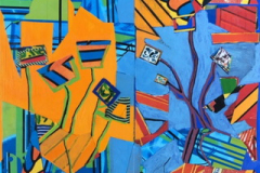 An abstracted mixed media piece of complementary oranges and blues, with forms throughout that could be abstracted flowers.