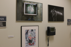 Detail image of artwork hanging in building 4 near the photography studio. This area is known as The Lagerway - Prather Gallery. Artwork shown by Jordan Proietti, Michael Truong, and Candice Grimes