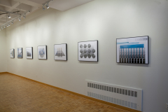 Installation shot of Margaret LeJeune Exhibition. This image shows seven collage images including water, bridges, and shapes..