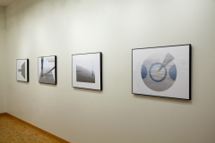 Installation shot of Margaret LeJeune Exhibition. This image shows four collage images including water, bridges, and shapes..