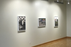 Installation shot of the. left wall containing three framed photographs .