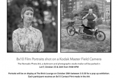 Postcard for the event. There are two images at the top, one is a medium shot of a woman, and the second image is a full shot of a woman standing next to a bicycle. The text under the images relays the information regarding the visit of the artists.