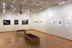 Installation shot of rear right corner, showing the three images on the back wall, and seven images on the right wall.