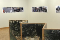 Installation shot of Philip Lange Exhibition, including sculptural folding photograph on floor and two images on back wall.