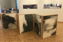 Installation shot of Philip Lange Exhibition, including sculptural folding photograph on floor and twoimages on back wall.