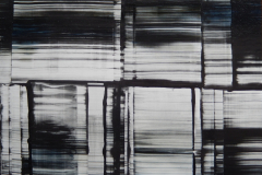 An abstract print of contrasting tones with a horizontal streaking appearing throughout the picture plane.