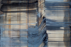 An abstract print of contrasting tones with a horizontal streaking appearing throughout the picture plane.