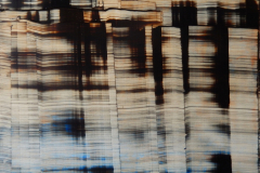An abstract print of contrasting tones with a horizontal streaking appearing throughout the picture plane.